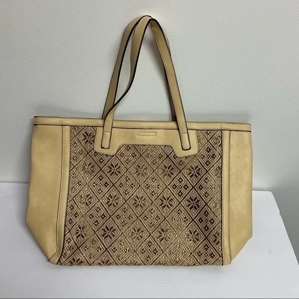 Tan Brown Bag | Large 2 Handle Geometric/ Floral Design | Purse Tote Bag
